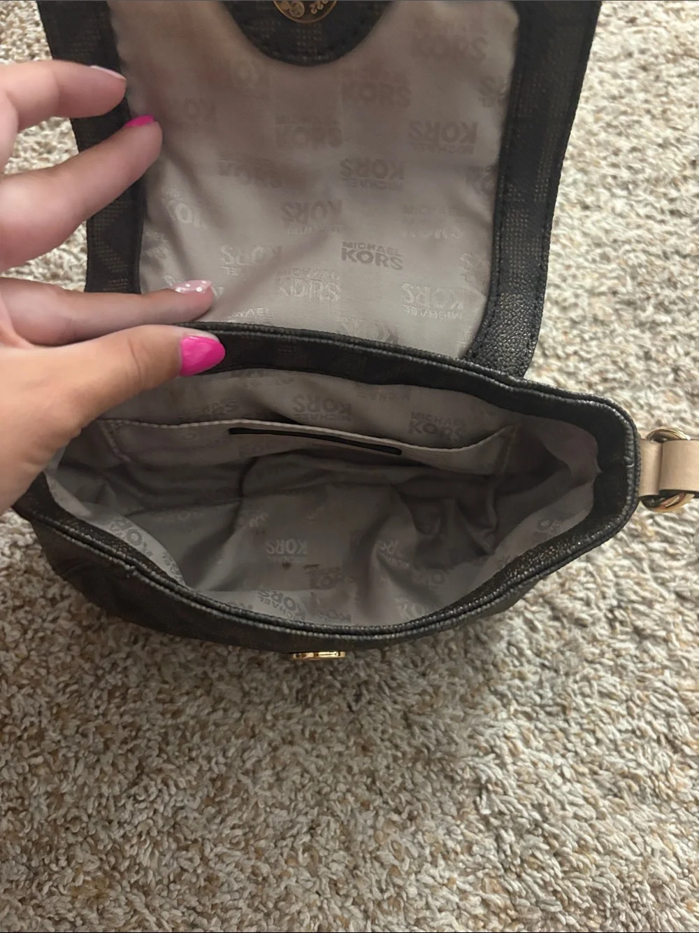 Michael Kors Dark Brown Monogram Crossbody with Gold Plaque